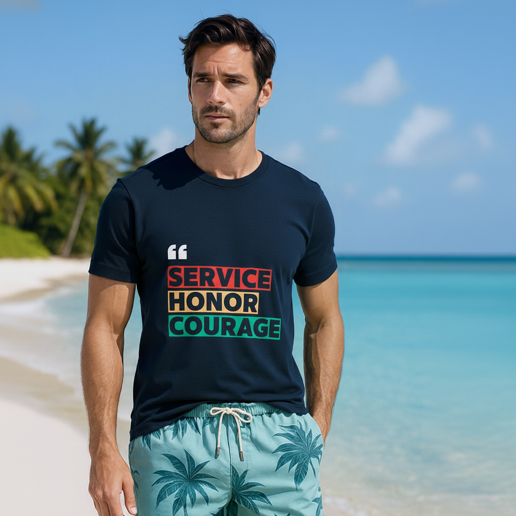 Man wearing a navy Blue t-shirt with 'Service Honor Courage' on a beach